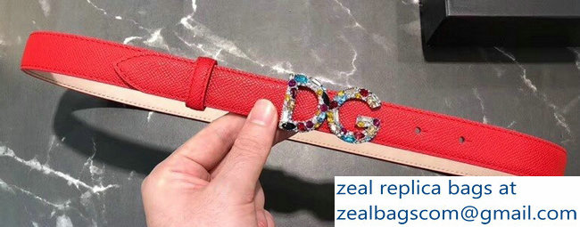 Dolce & Gabbana Width 2.5cm Dauphine Calfskin Belt Red with Silver Crystals Logo